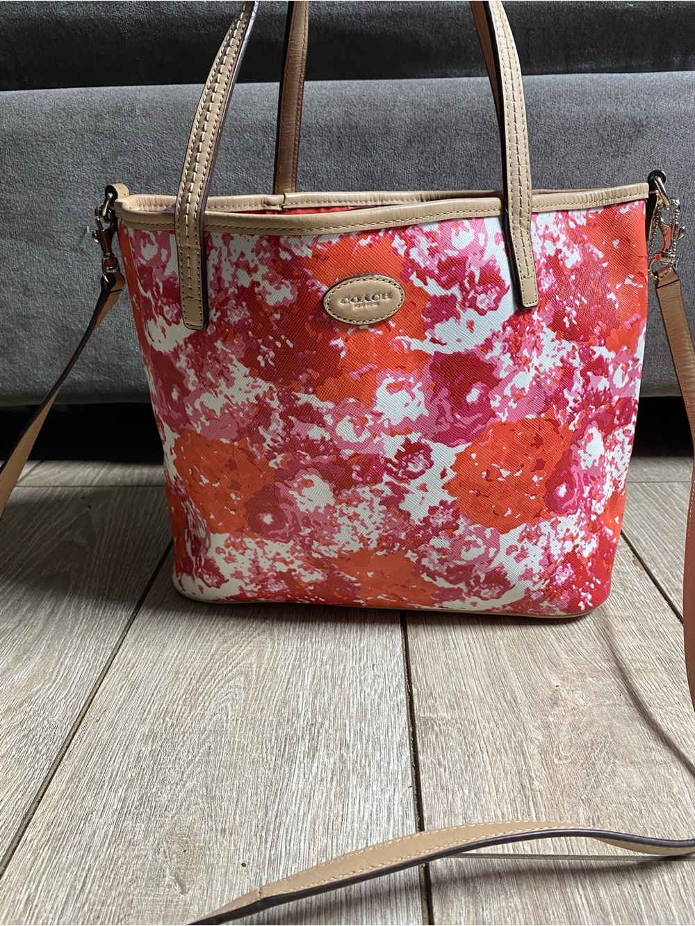 Coach Peyton Floral Print Zip Top Tote Bag Pink Orange Red Coated Canvas
